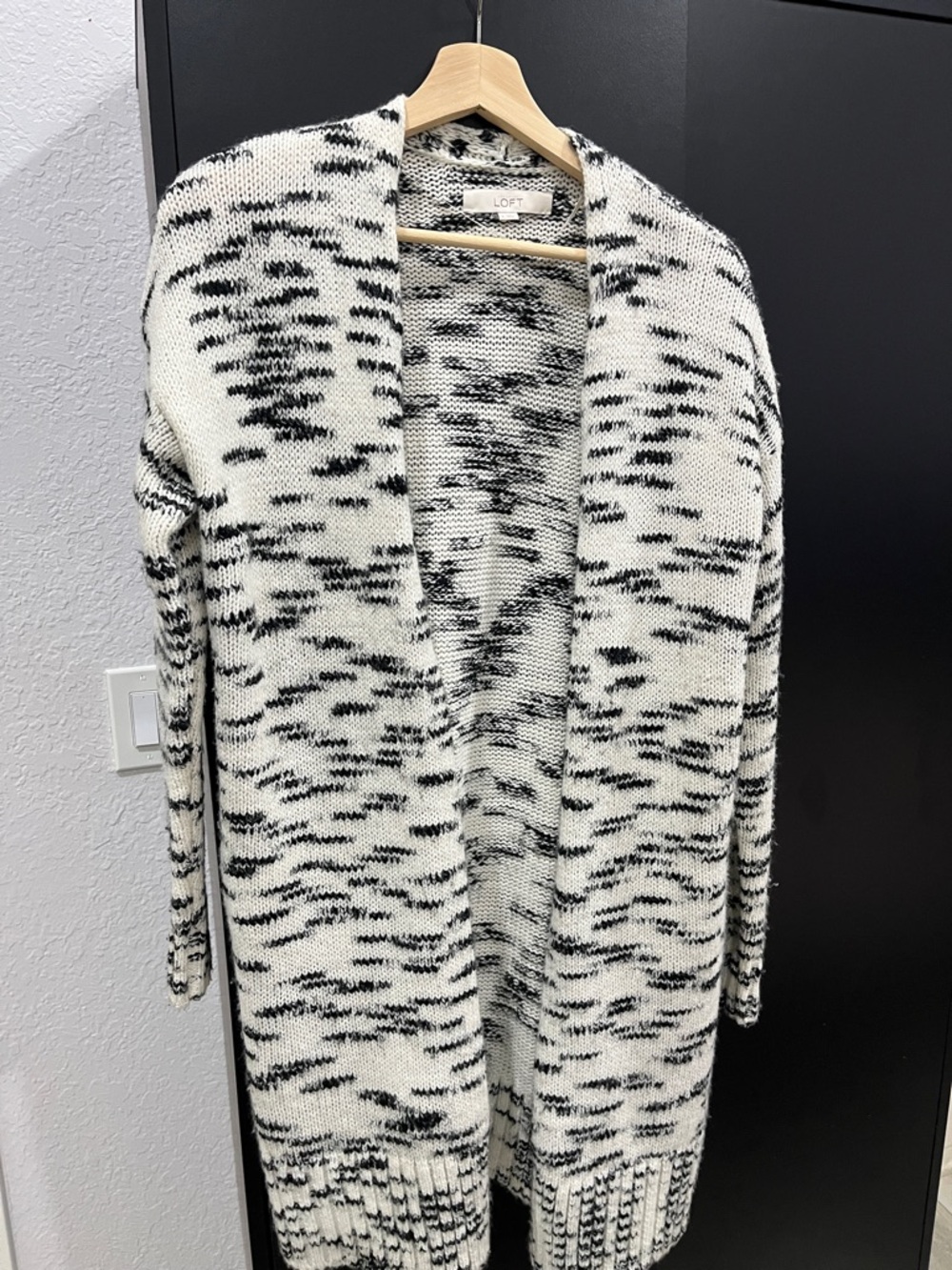 LOFT Black & White Marled Knit Long Open Front Cardigan Sweater Size S
